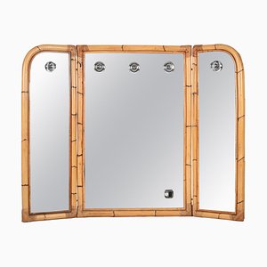 Mid-Century Italian Triple Folding Bamboo Mirror with Dimmable Lighting, 1970s-JDR-1377998