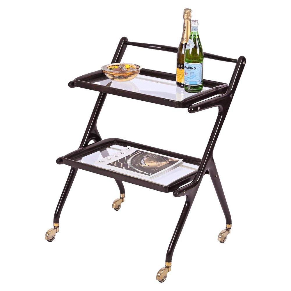 Mid-Century Italian Trolley Bar Cart in Wood and Glass attributed to Cesare Lacca, 1950s