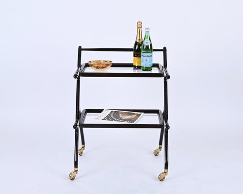 Mid-Century Italian Trolley Bar Cart in Wood and Glass attributed to Cesare Lacca, 1950s-JDR-1757600