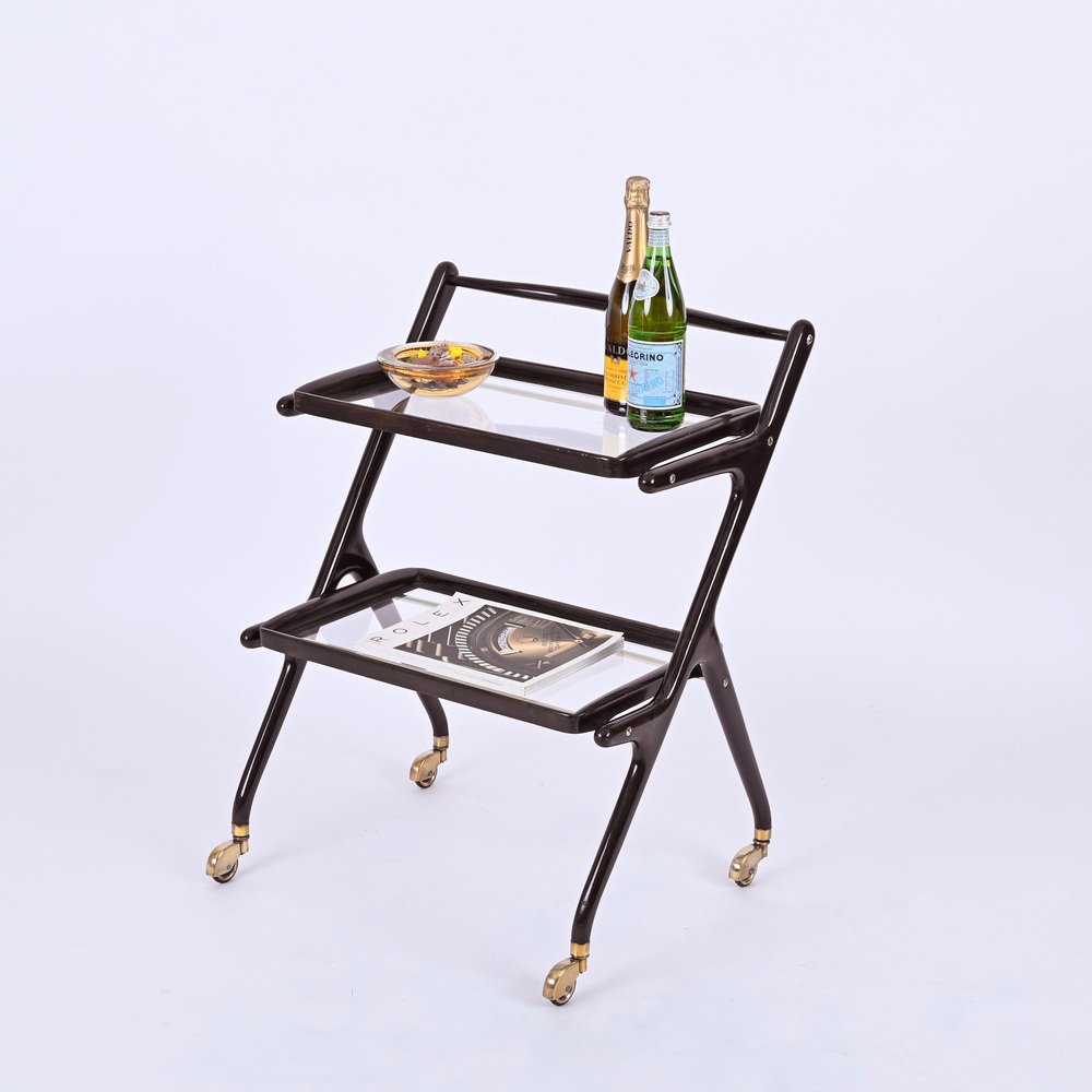 Mid-Century Italian Trolley Bar Cart in Wood and Glass attributed to Cesare Lacca, 1950s