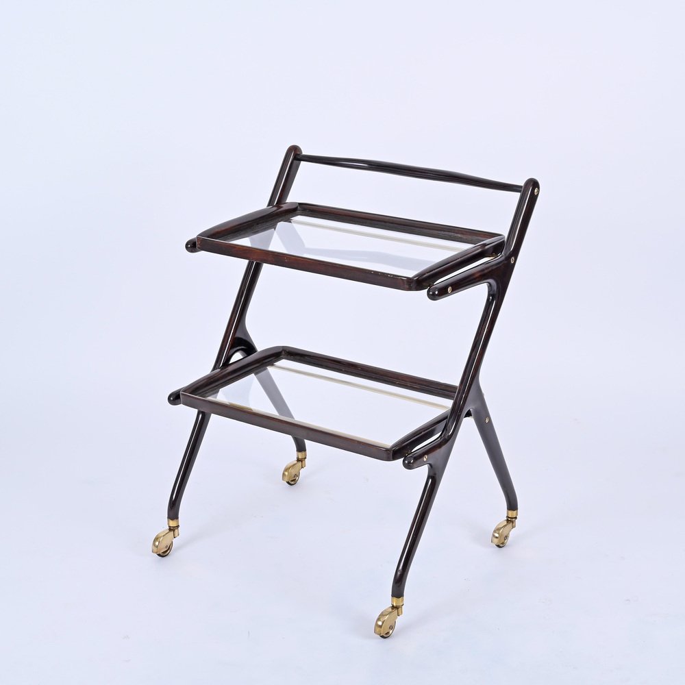 Mid-Century Italian Trolley Bar Cart in Wood and Glass attributed to Cesare Lacca, 1950s