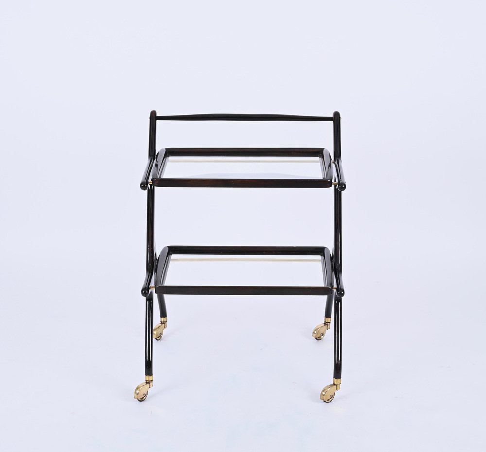 Mid-Century Italian Trolley Bar Cart in Wood and Glass attributed to Cesare Lacca, 1950s