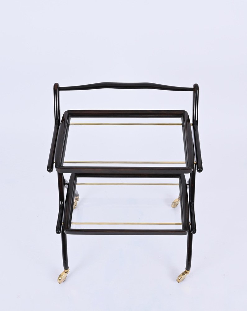 Mid-Century Italian Trolley Bar Cart in Wood and Glass attributed to Cesare Lacca, 1950s