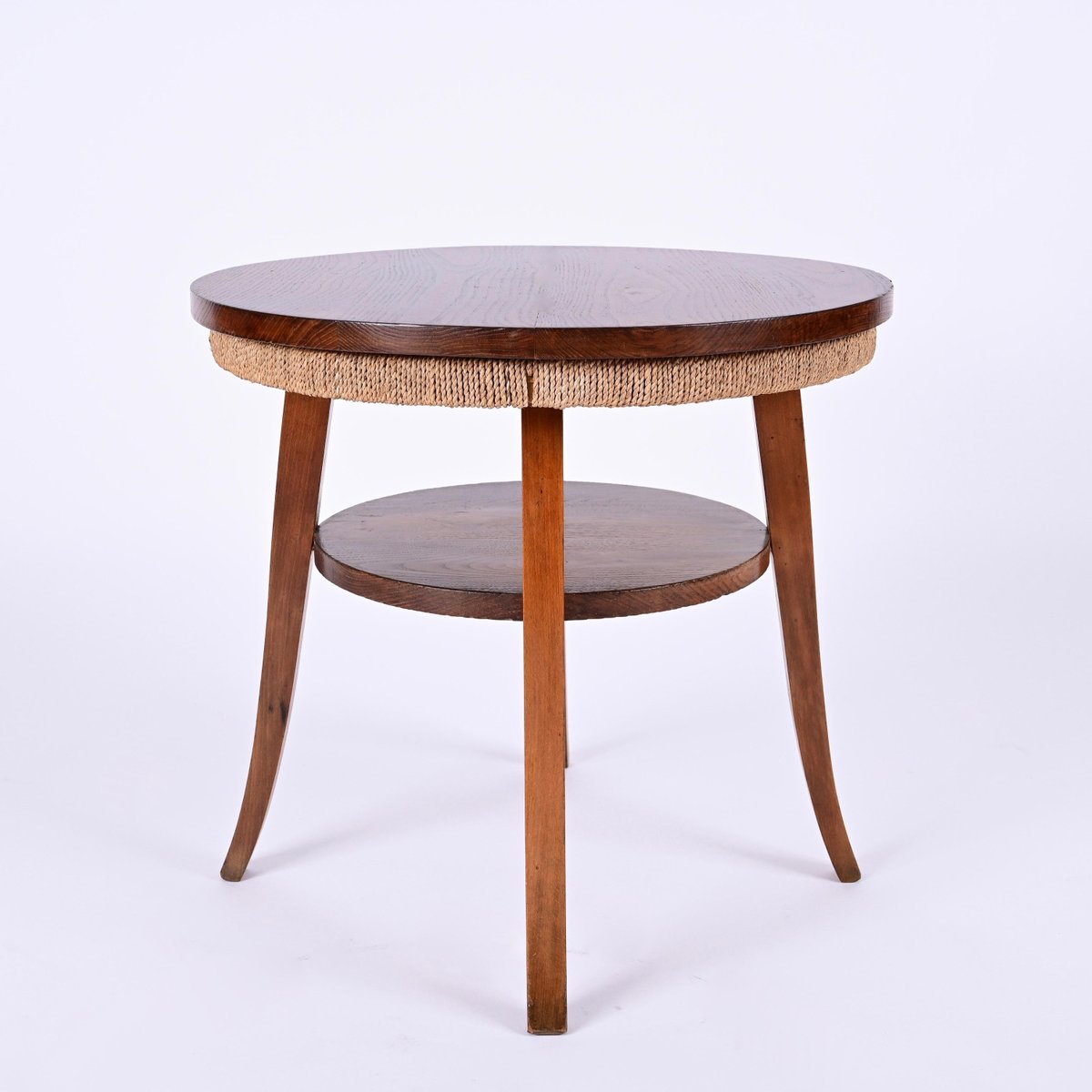 Mid-Century Italian Two-Tier Round Rope and Chestnut Wood Coffee Table, 1950s