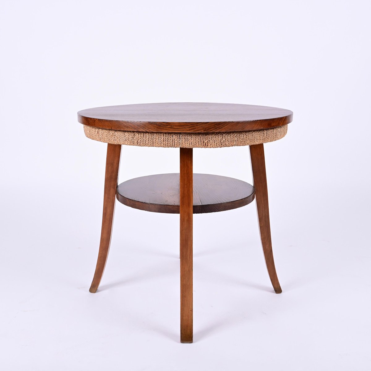 Mid-Century Italian Two-Tier Round Rope and Chestnut Wood Coffee Table, 1950s