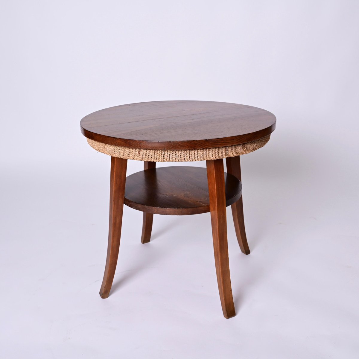 Mid-Century Italian Two-Tier Round Rope and Chestnut Wood Coffee Table, 1950s