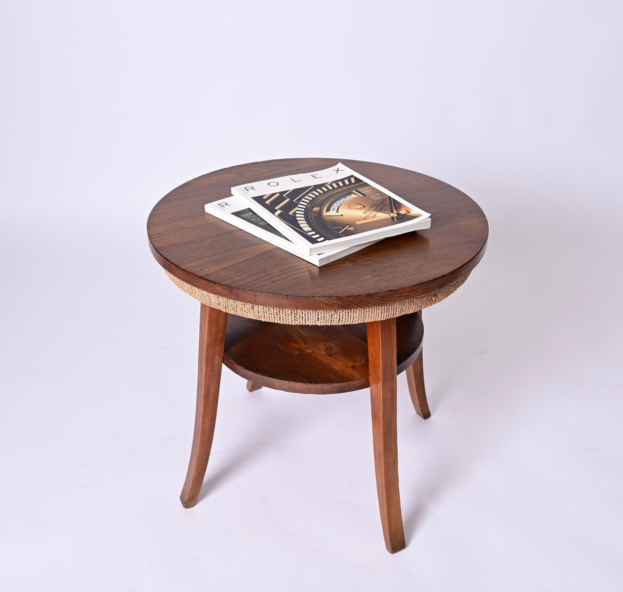 Mid-Century Italian Two-Tier Round Rope and Chestnut Wood Coffee Table, 1950s