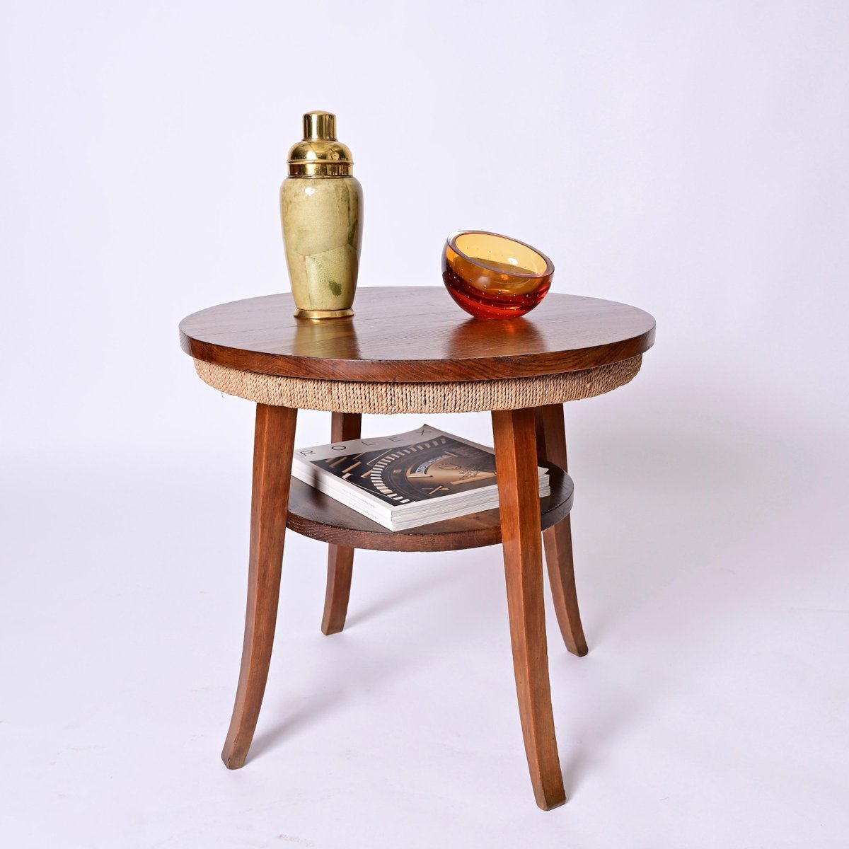 Mid-Century Italian Two-Tier Round Rope and Chestnut Wood Coffee Table, 1950s