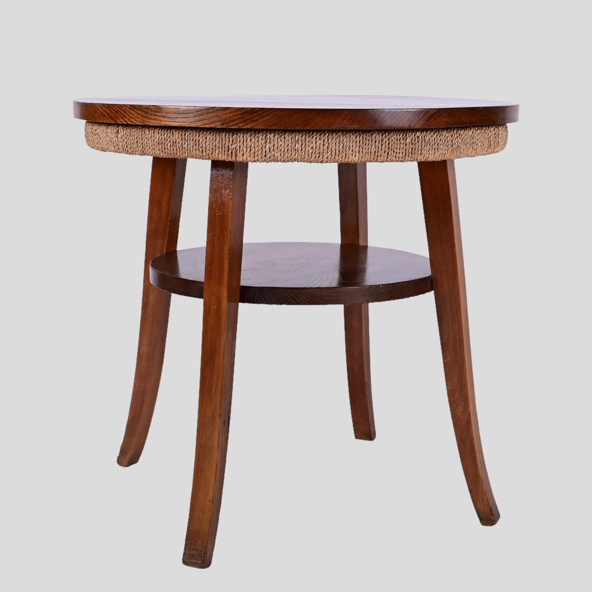 Mid-Century Italian Two-Tier Round Rope and Chestnut Wood Coffee Table, 1950s