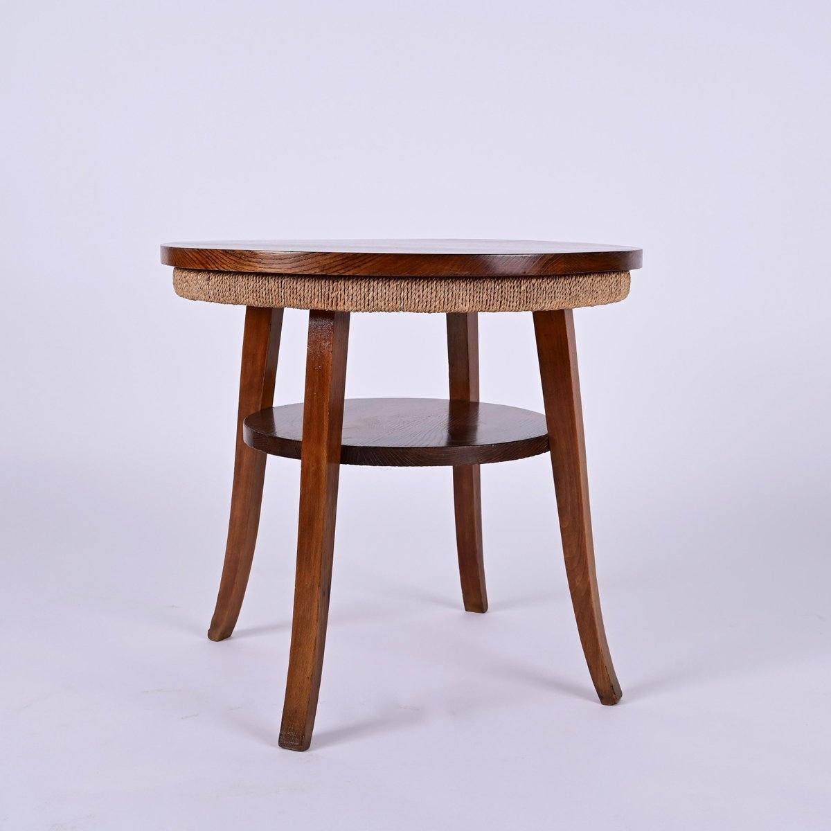 Mid-Century Italian Two-Tier Round Rope and Chestnut Wood Coffee Table, 1950s