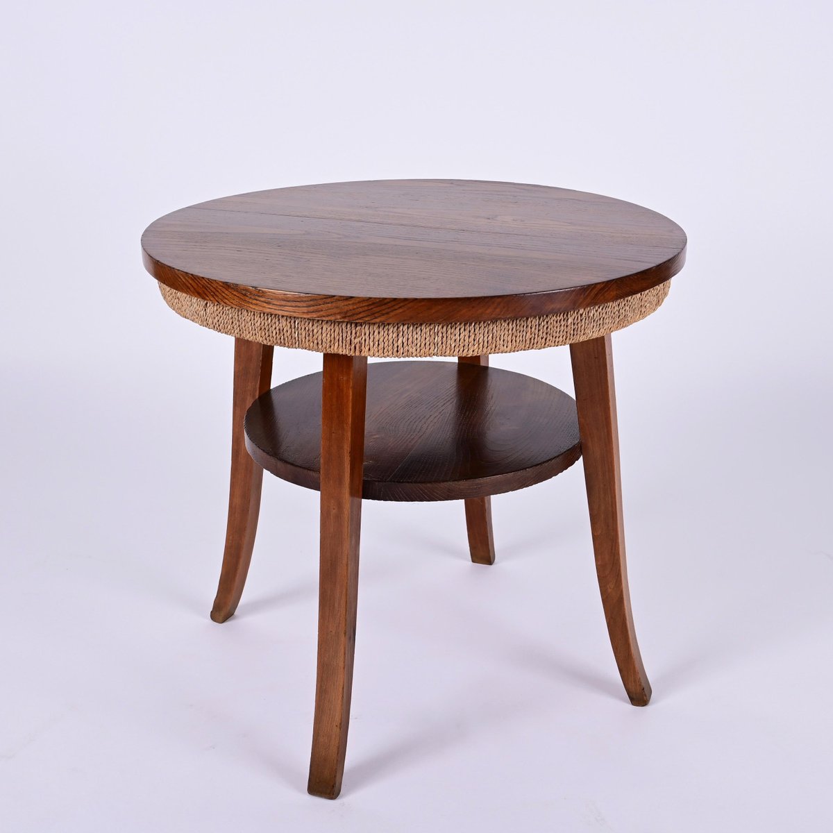 Mid-Century Italian Two-Tier Round Rope and Chestnut Wood Coffee Table, 1950s