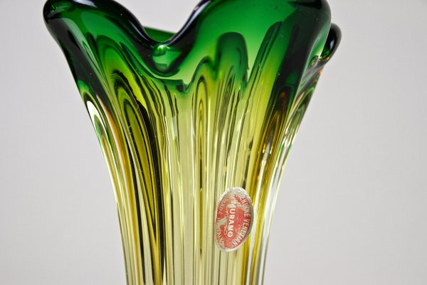 Mid-Century Italian Vase in Green Yellow Murano Glass, 1960-TQA-1322005