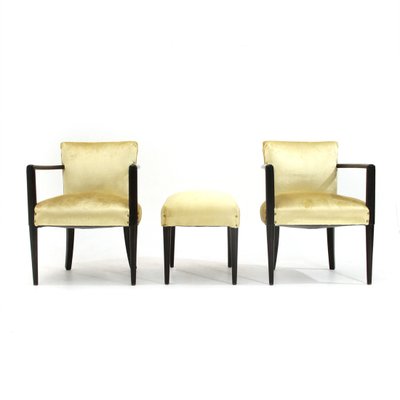 Mid-Century Italian Velvet Armchairs and Footstool, 1940s, Set of 3-EZ-579347