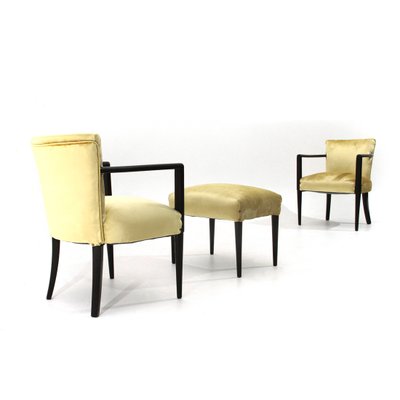 Mid-Century Italian Velvet Armchairs and Footstool, 1940s, Set of 3-EZ-579347