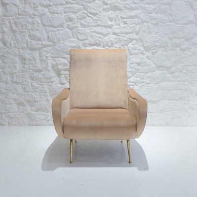 Mid-Century Italian Velvet & Brass Lounge Chair, 1950s-WLO-738055