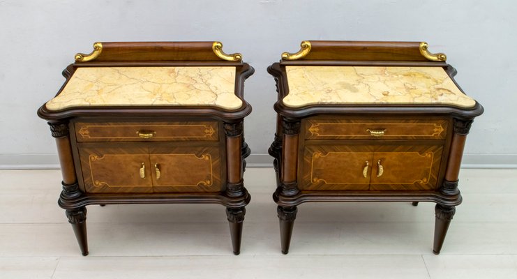 Mid-Century Italian Walnut and Marble Nightstands, 1940s, Set of 2-FER-709375