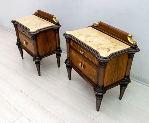 Mid-Century Italian Walnut and Marble Nightstands, 1940s, Set of 2-FER-709375