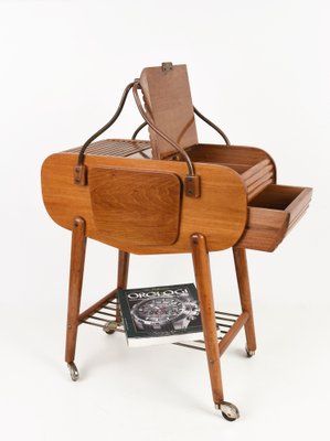 Mid-Century Italian Walnut & Brass Work Table with Wheels, 1940s-JDR-1126005