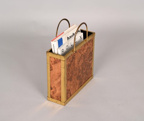 Mid-Century Italian Walnut Briar Effect Magazine Rack with Brass Handles, 1970s-JDR-1284773