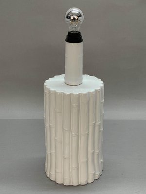 Mid-Century Italian White Ceramic and Faux Bamboo Table Lamp by Tommaso Barbi, 1970s-JDR-1125464