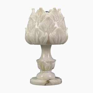 Mid-Century Italian White Flower Alabaster Table Lamp, 1950s-KEG-1292490