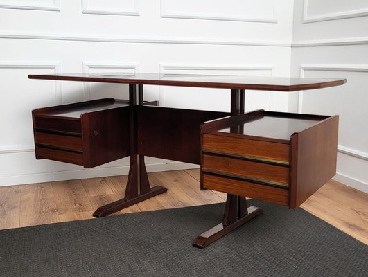 Mid-Century Italian Wood and Brass Floating Executive Writing Desk Table, 1950s-EUP-1717441