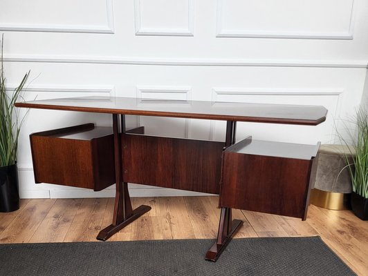 Mid-Century Italian Wood and Brass Floating Executive Writing Desk Table, 1950s-EUP-1717441