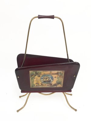 Mid-Century Italian Wood and Brass Magazine Rack with Handle by Gio Ponti, 1950s-JDR-1126116