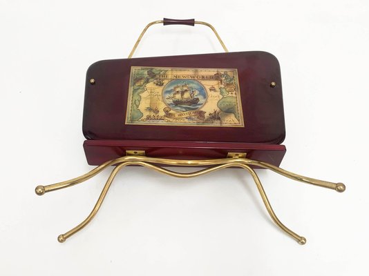 Mid-Century Italian Wood and Brass Magazine Rack with Handle by Gio Ponti, 1950s-JDR-1126116