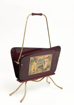 Mid-Century Italian Wood and Brass Magazine Rack with Handle by Gio Ponti, 1950s-JDR-1126116