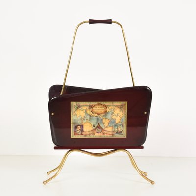 Mid-Century Italian Wood and Brass Magazine Rack with Handle by Gio Ponti, 1950s-JDR-1126116