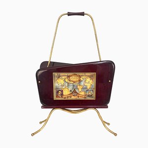 Mid-Century Italian Wood and Brass Magazine Rack with Handle by Gio Ponti, 1950s-JDR-1126116