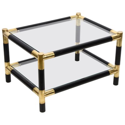 Mid-Century Italian Wood and Brass Side Table with 2 Crystal Shelves, 1970s-JDR-1125878