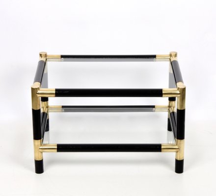 Mid-Century Italian Wood and Brass Side Table with 2 Crystal Shelves, 1970s-JDR-1125878