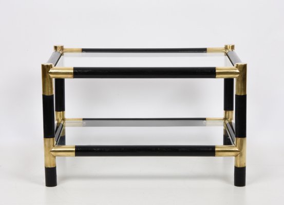 Mid-Century Italian Wood and Brass Side Table with 2 Crystal Shelves, 1970s-JDR-1125878