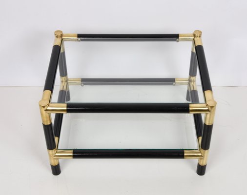 Mid-Century Italian Wood and Brass Side Table with 2 Crystal Shelves, 1970s-JDR-1125878