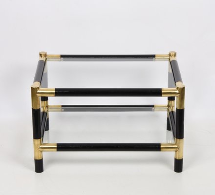 Mid-Century Italian Wood and Brass Side Table with 2 Crystal Shelves, 1970s-JDR-1125878