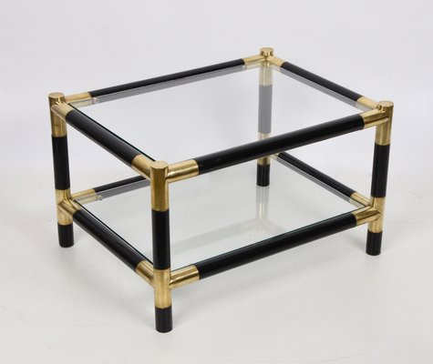 Mid-Century Italian Wood and Brass Side Table with 2 Crystal Shelves, 1970s-JDR-1125878