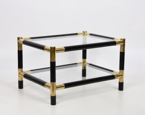 Mid-Century Italian Wood and Brass Side Table with 2 Crystal Shelves, 1970s-JDR-1125878