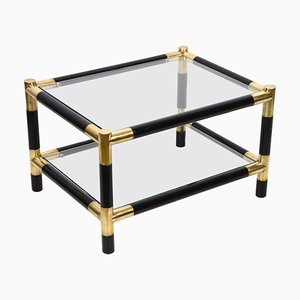 Mid-Century Italian Wood and Brass Side Table with 2 Crystal Shelves, 1970s-JDR-1125878