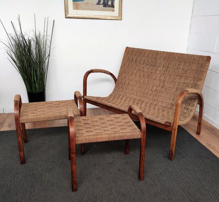 Mid-Century Italian Wood and Cord Woven Rope Bench, 1960s-EUP-884388