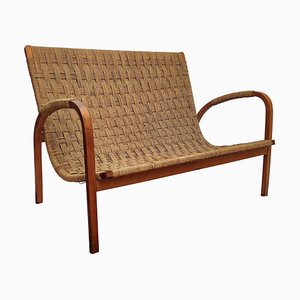 Mid-Century Italian Wood and Cord Woven Rope Bench, 1960s-EUP-884388