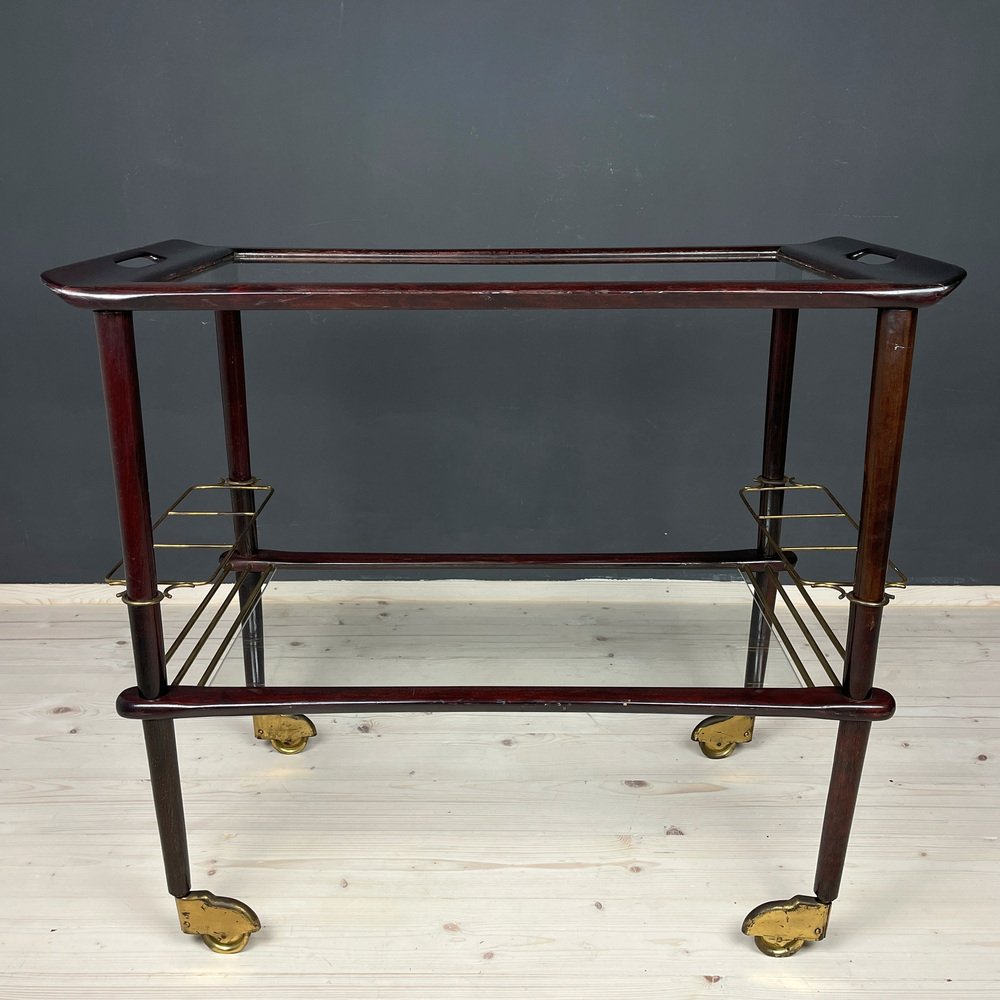 Mid-Century Italian Wood and Glass Bar Cart Trolley by Ico Parisi for De Baggis, 1960s