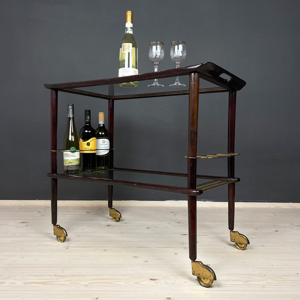 Mid-Century Italian Wood and Glass Bar Cart Trolley by Ico Parisi for De Baggis, 1960s