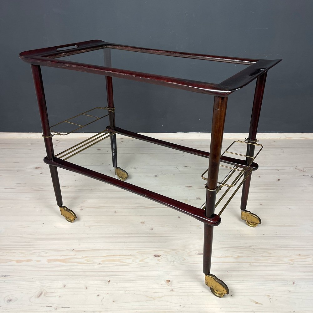 Mid-Century Italian Wood and Glass Bar Cart Trolley by Ico Parisi for De Baggis, 1960s