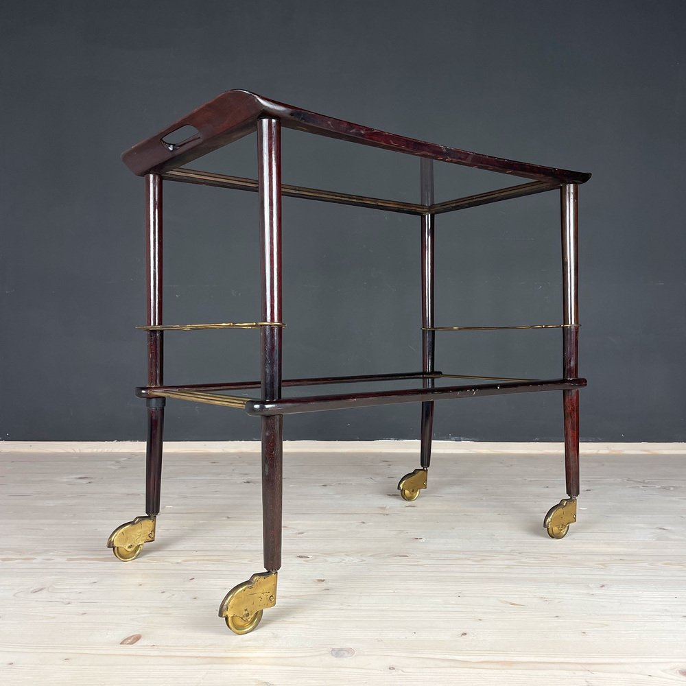 Mid-Century Italian Wood and Glass Bar Cart Trolley by Ico Parisi for De Baggis, 1960s