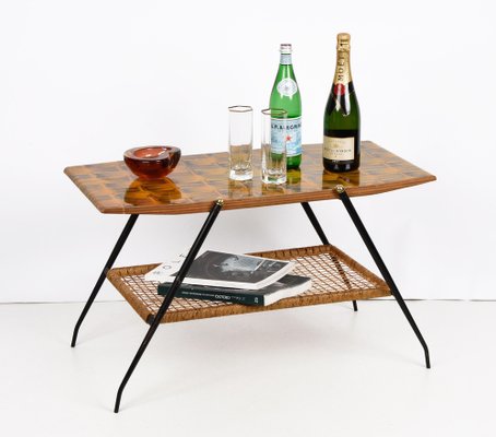 Mid-Century Italian Wood and Metal Coffee Table with Brass Magazine Rack, 1950s-JDR-1125867