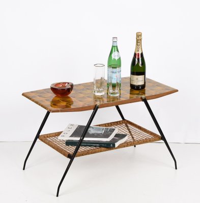 Mid-Century Italian Wood and Metal Coffee Table with Brass Magazine Rack, 1950s-JDR-1125867