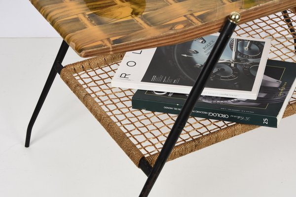 Mid-Century Italian Wood and Metal Coffee Table with Brass Magazine Rack, 1950s-JDR-1125867