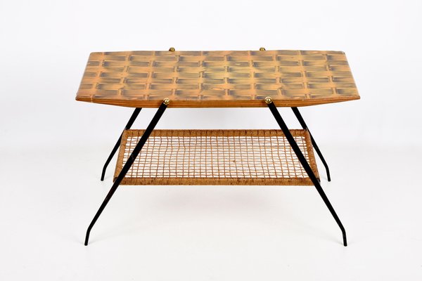 Mid-Century Italian Wood and Metal Coffee Table with Brass Magazine Rack, 1950s-JDR-1125867